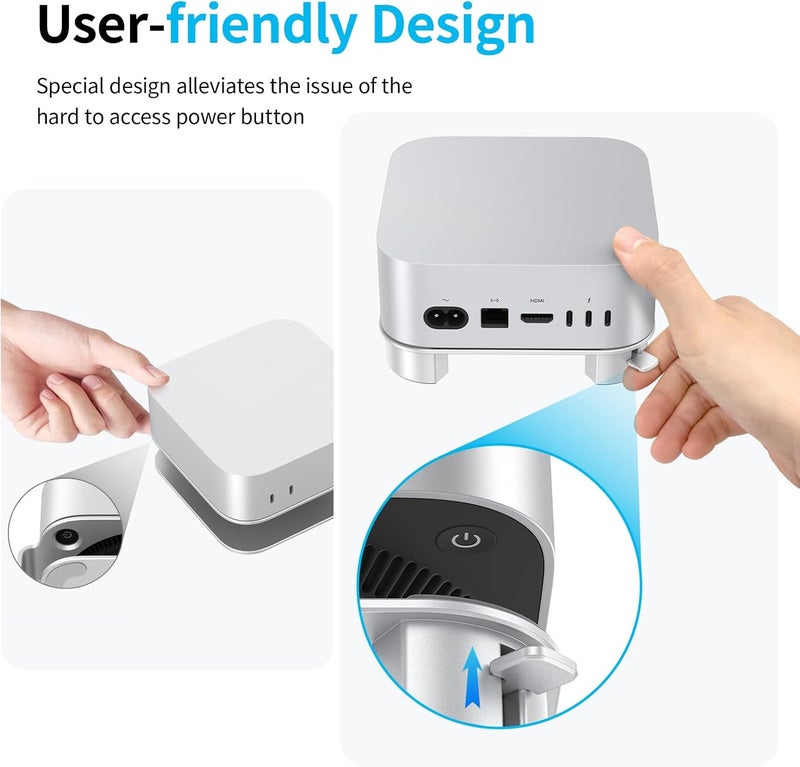 Omoton حامل ألومنيوم لجهاز Mac mini M4 وM4 Pro، حامل سطح مكتب للتبريد، وصول مريح إلى زر الطاقة، تصميم متين وقوي، فضي - Image 2